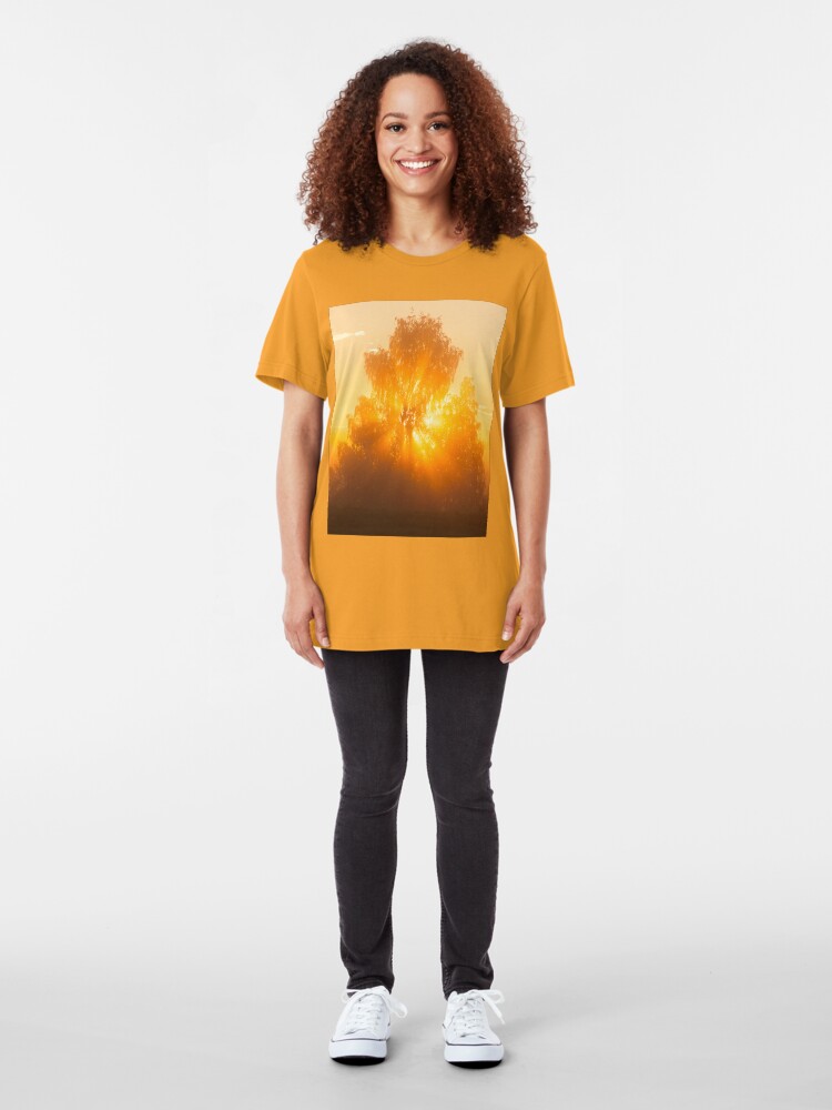 Alternate view of Sunbeams through tree in morning fog Slim Fit T-Shirt