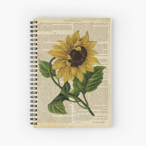 Botanical print, on old book page - flowers- Sunflower Spiral Notebook