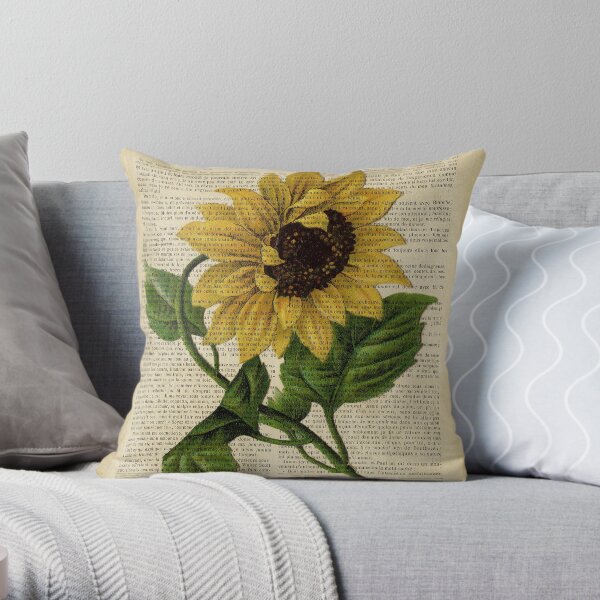 Botanical print, on old book page - flowers- Sunflower Throw Pillow