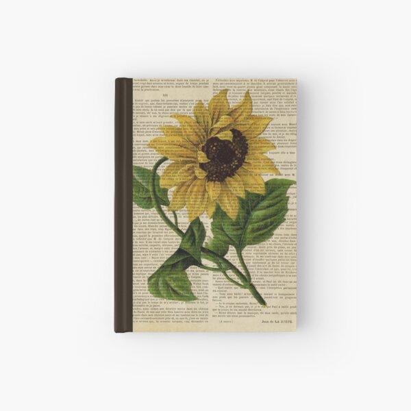 Botanical print, on old book page - flowers- Sunflower Hardcover Journal