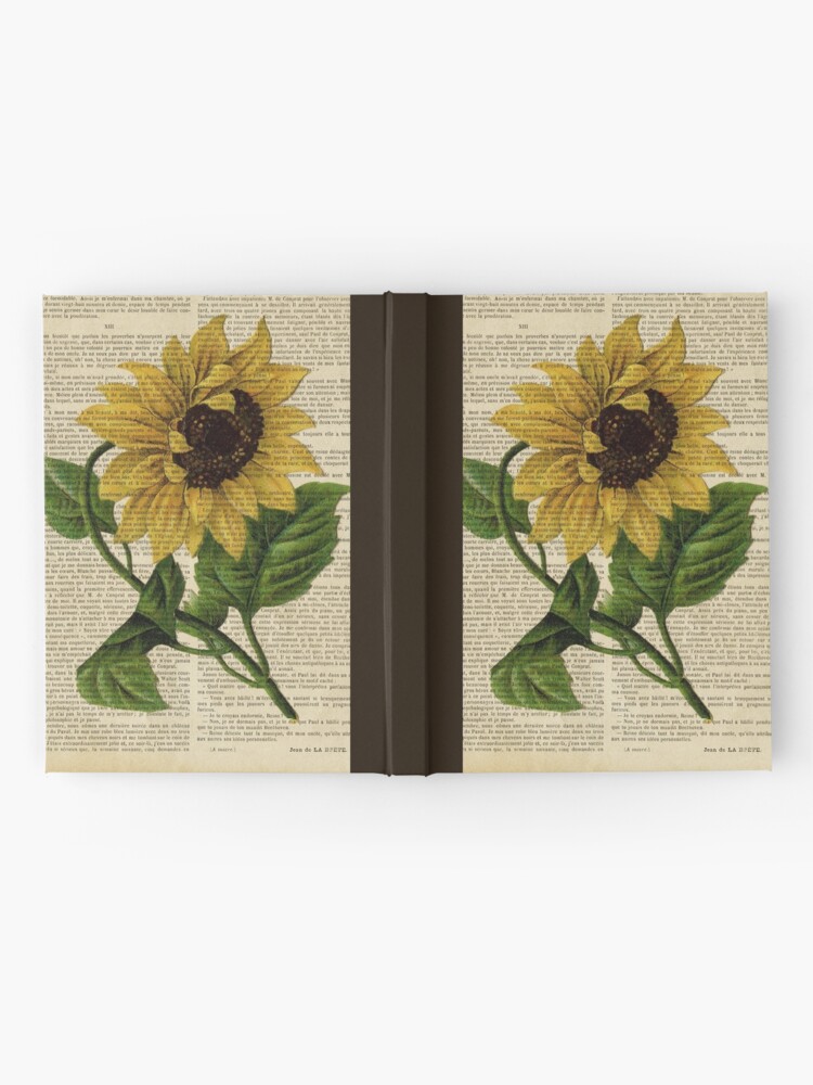 Alternate view of Botanical print, on old book page - flowers- Sunflower Hardcover Journal