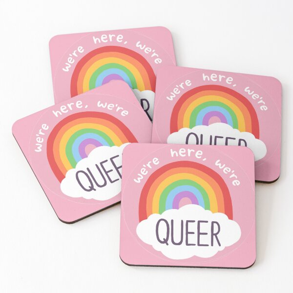 Item preview, We're Here We're Queer Pride Rainbow Badge Sticker Gay Lesbian Trans Nonbinary LGBT slogan designed and sold by ruswatkins.