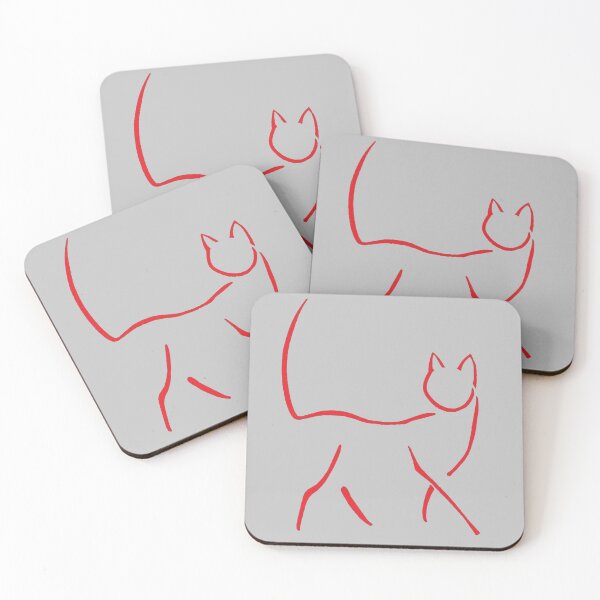 Red on Gray Line Art Cat Coasters (Set of 4)