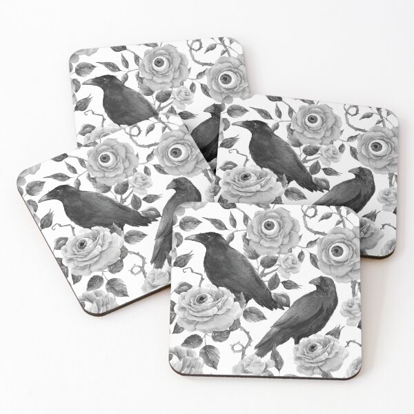 Item preview, Edgar Allen Poe Nevermore Watercolor Black and White Ravens with Roses and Eyeballs designed and sold by Pink Pineapple Works.