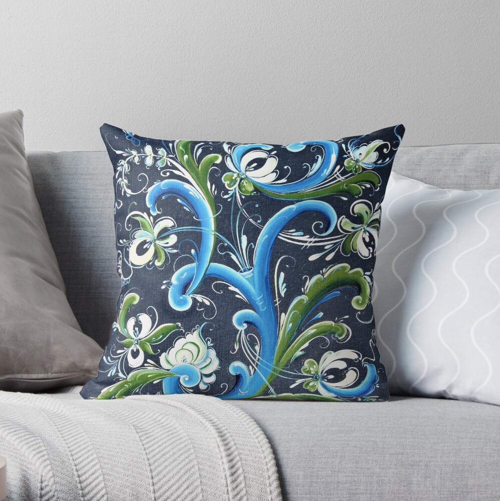 Traditional Scandinavian Rosemaling Art from Norway Throw Pillow