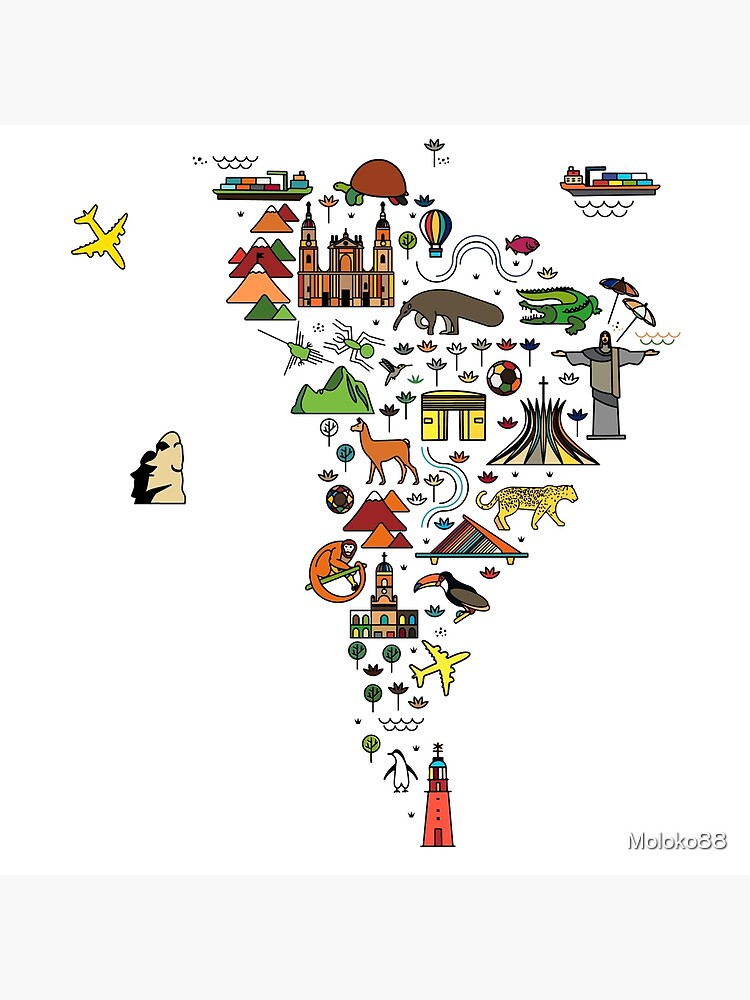 Lámina rígida «Mapa de dibujos animados de América del sur. Guía de viaje  de América del Sur. Cartel de viaje con animales y atracciones turísticas.  Ilustración vectorial» de Moloko88 | Redbubble