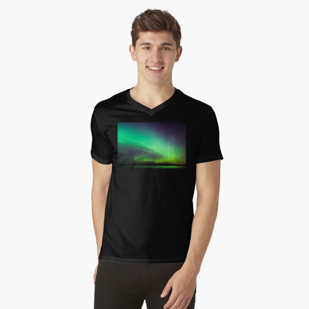 Northern lights over lake in Finland V-Neck T-Shirt