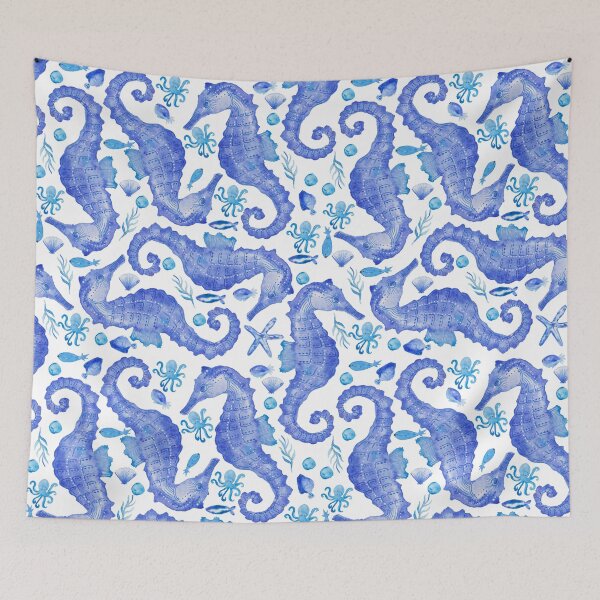 Item preview, blue watercolour seahorses designed and sold by Kimmygowland.