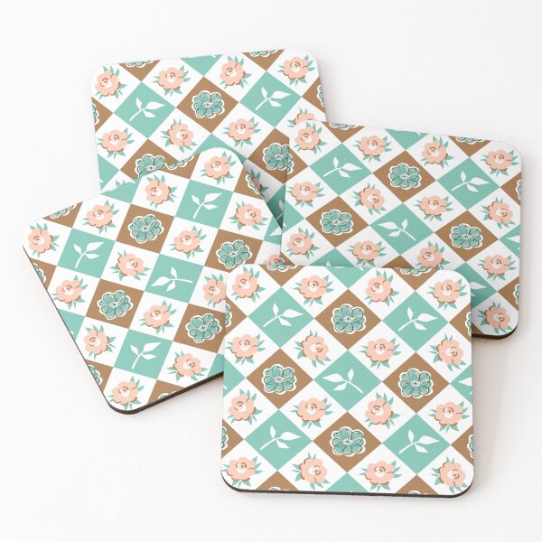 Item preview, Retro Pink Roses and Spearmint Anemones in a Checkered Pattern designed and sold by vinpauld.