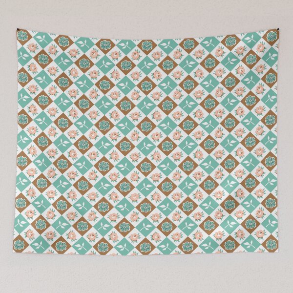 Item preview, Retro Pink Roses and Spearmint Anemones in a Checkered Pattern designed and sold by vinpauld.