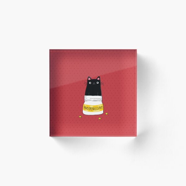 FUR ANTIDEPRESSANT . Cute black cat illustration. A gift for a pet lover. Acrylic Block