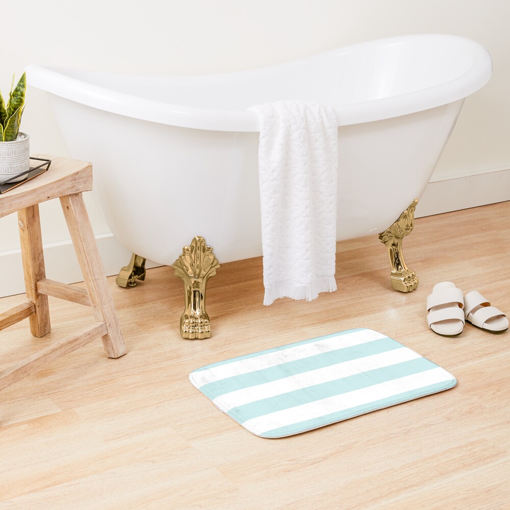 Duck Egg Pale Aqua Blue and White Wide Horizontal Cabana Tent Stripe Bath Mat