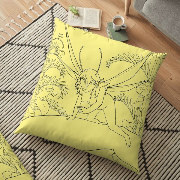 Fairy Encounter Garden Art Scene transparent line-art Floor Pillow