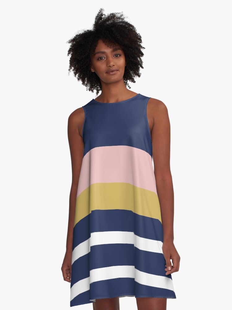 Mixed Stripe Pattern in Navy Blue Blush Pink Mustard Yellow and White A Line Dress for Sale by kierkegaard Redbubble