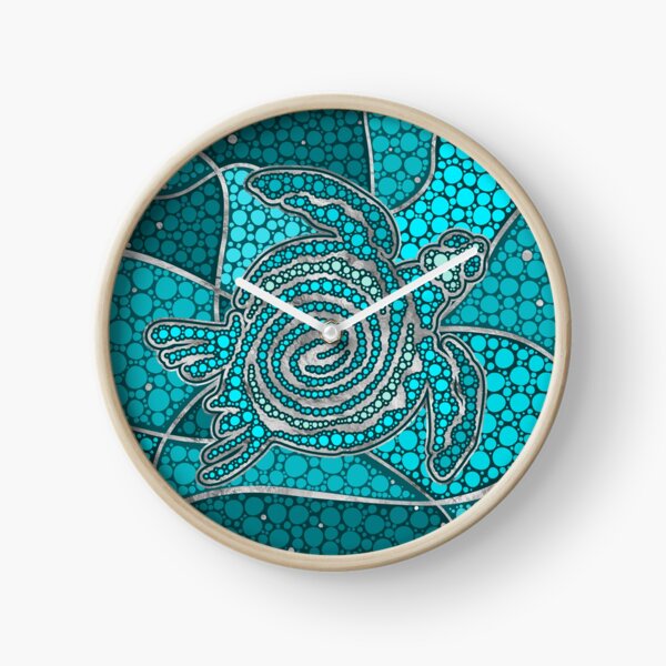 Turtle Aboriginal Dot Art Teal and silver Clock
