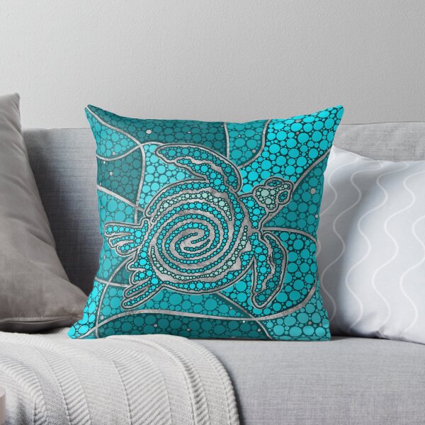Turtle Aboriginal Dot Art Teal and silver Throw Pillow