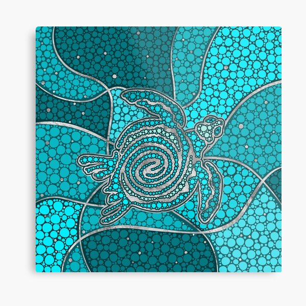 Turtle Aboriginal Dot Art Teal and silver Metal Print