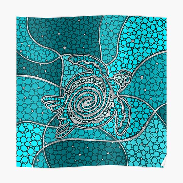 Turtle Aboriginal Dot Art Teal and silver Poster