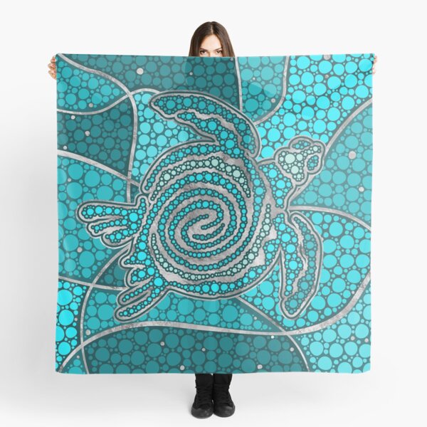 Turtle Aboriginal Dot Art Teal and silver Scarf
