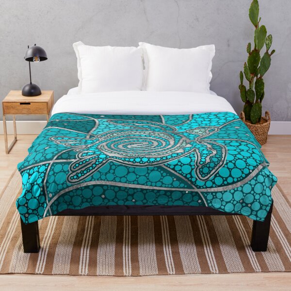 Tortuga Aborigen Dot Art Teal y plata Manta
