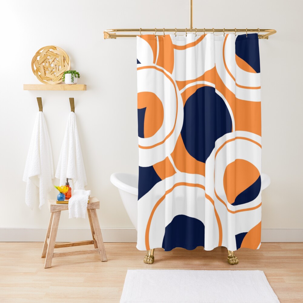 "Navy, orange and white abstract circle design" Shower Curtain for Sale