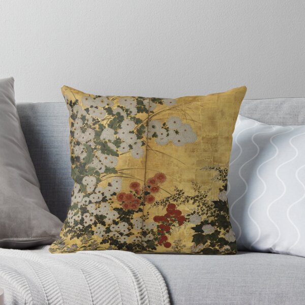 Artikel-Vorschau von Weißer roter Chrysanthemen-Blumen-japanischer Gold-Siebdruck, designt und verkauft von Vicky Brago-Mitchell®.