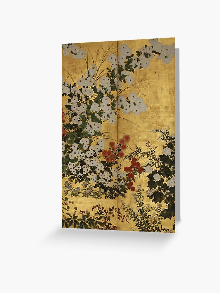 White Red Chrysanthemums Floral Japanese Gold Screen Print Greeting Card By Bragova Redbubble