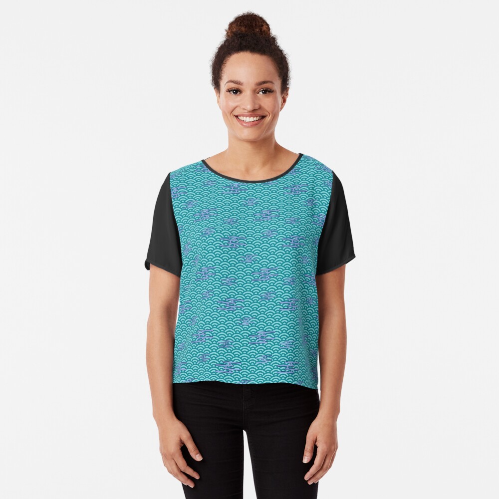 Japanese Clouds on Waves - Teal with Periwinkle Chiffon Top