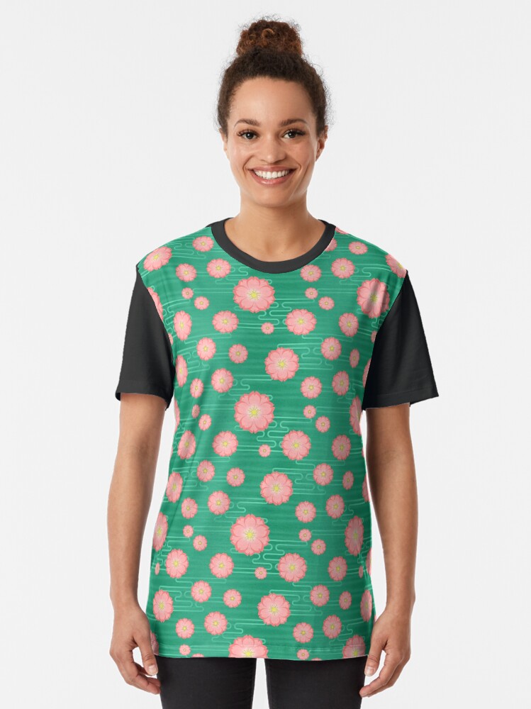 Alternate view of Cloudy Sakura in Peach on Green Graphic T-Shirt