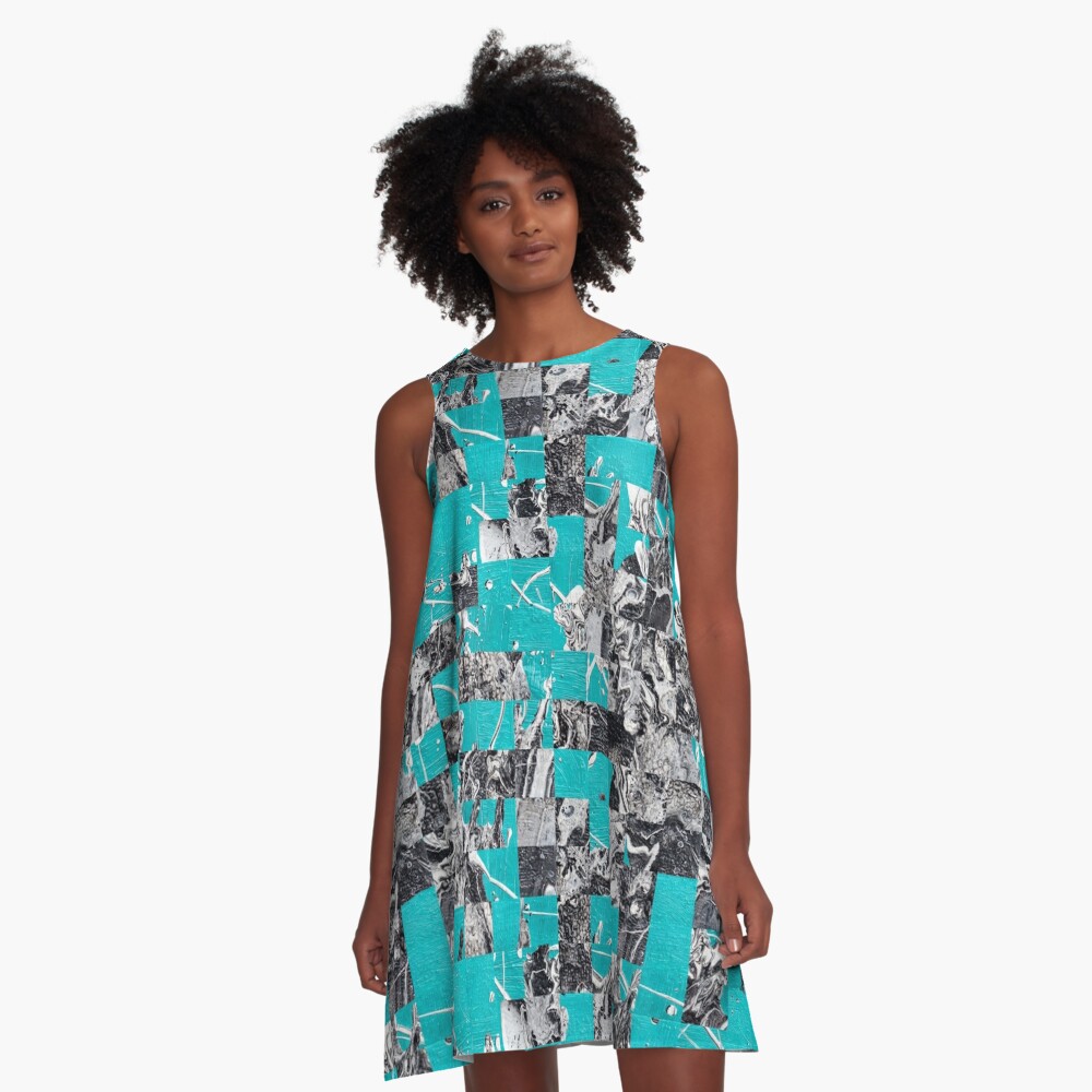 Pixelated fluid painting in turquoise and black and white A-Line Dress