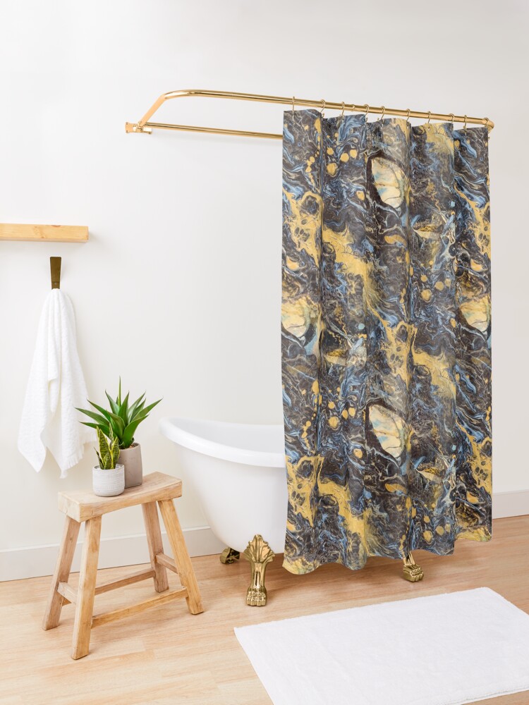 Alternate view of Fluid painting marble pouring image in gold and black Shower Curtain