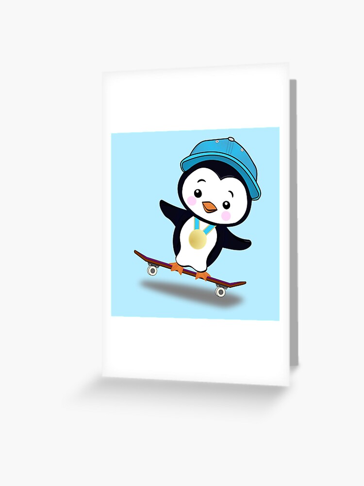 Carte double joyeux anniversaire (+ enveloppe) - Pingouin à Roulettes