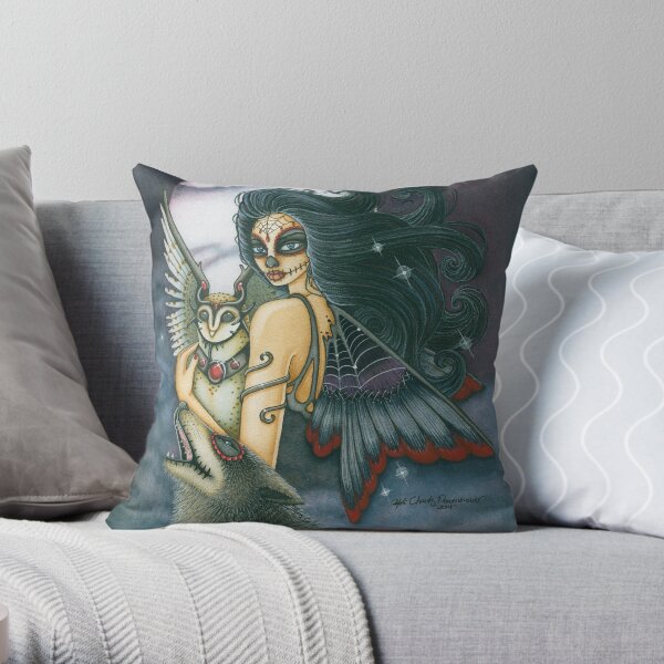 Night Keeper Sugar Skull Fairy, Owl and Wolf Throw Pillow