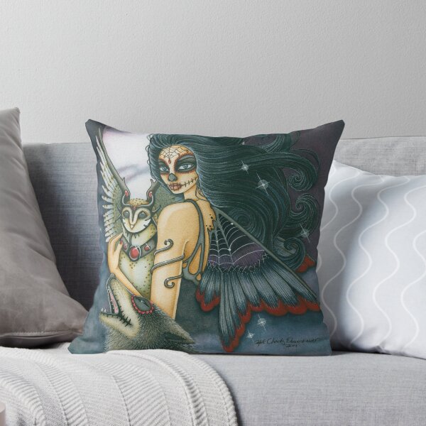 Night Keeper Sugar Skull Fairy, Owl and Wolf Throw Pillow