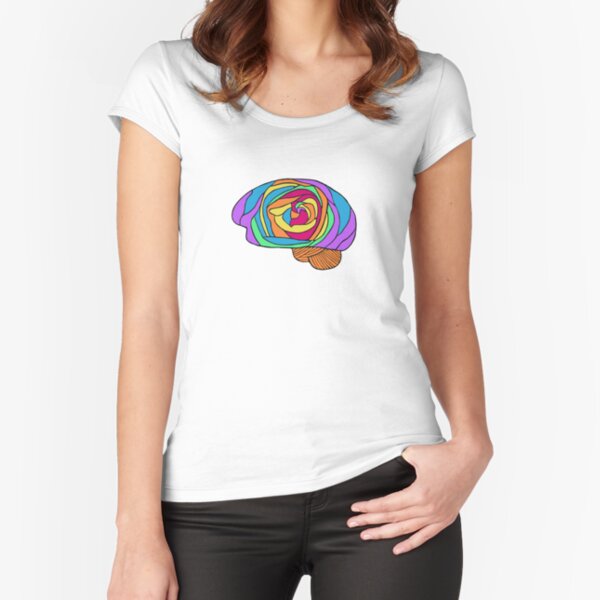 Rainbow Rose Brain - Digital Art Flower Brain in Rainbow colors Fitted Scoop T-Shirt