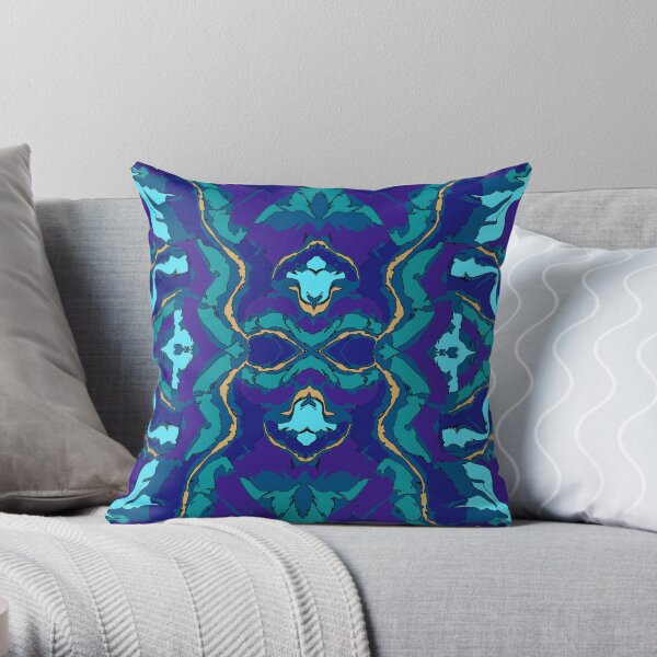Teal Purple Blue and Gold Floral Pattern Throw Pillow