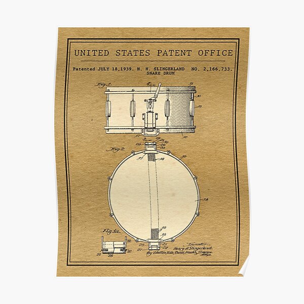 United States Office Patent - Snare Drum H. H. Slingerland 1939 Poster