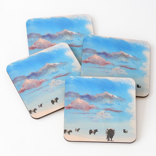 Item preview, Belted galloway cows under colourful cloudy sky surreal painting designed and sold by MikeJory.