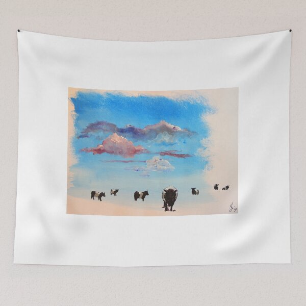 Item preview, Belted galloway cows under colourful cloudy sky surreal painting designed and sold by MikeJory.