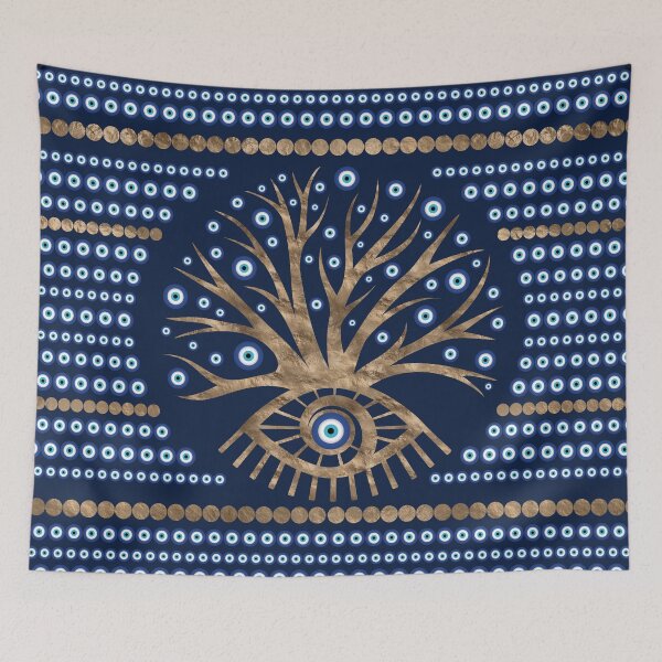 Item preview, Greek Eye Tree - Mati Mataki gold and dark blue designed and sold by k9printart.