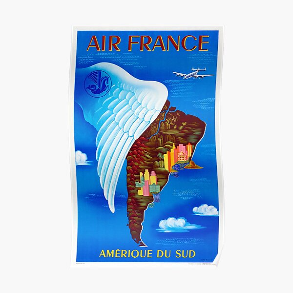 Amerique Du Sud - Cartel de viaje Vintage Air France de los años 60 Póster
