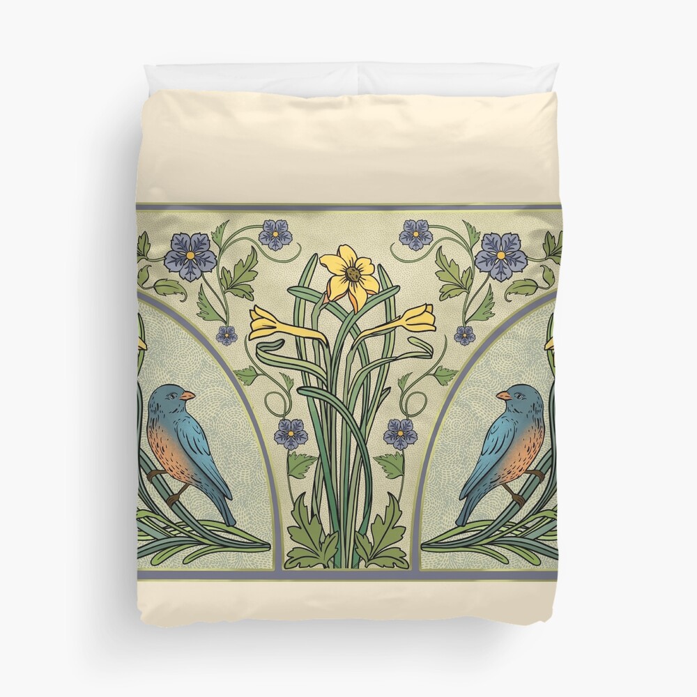 Bluebirds And Spring Blossoms Inspired By Art Nouveau Duvet Cover