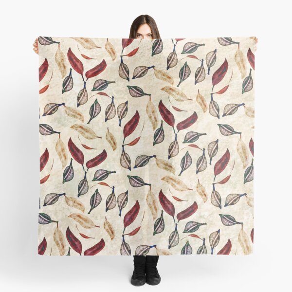 Seed Pod and Leaf Neutral, Red, and Teal Print Scarf