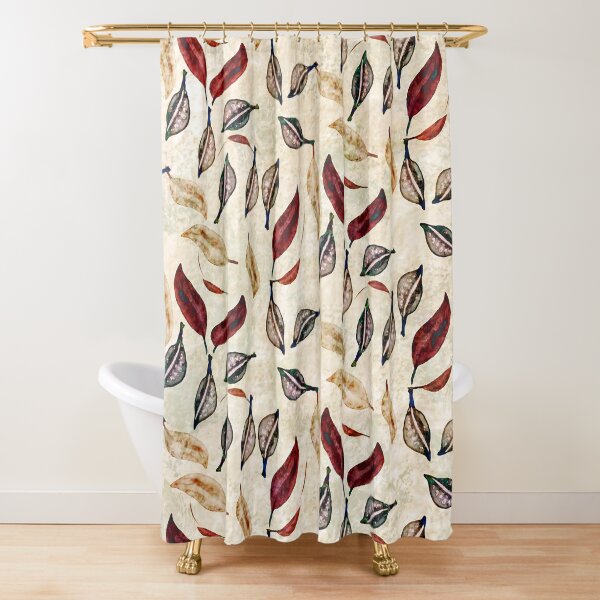 Seed Pod and Leaf Neutral, Red, and Teal Print Shower Curtain