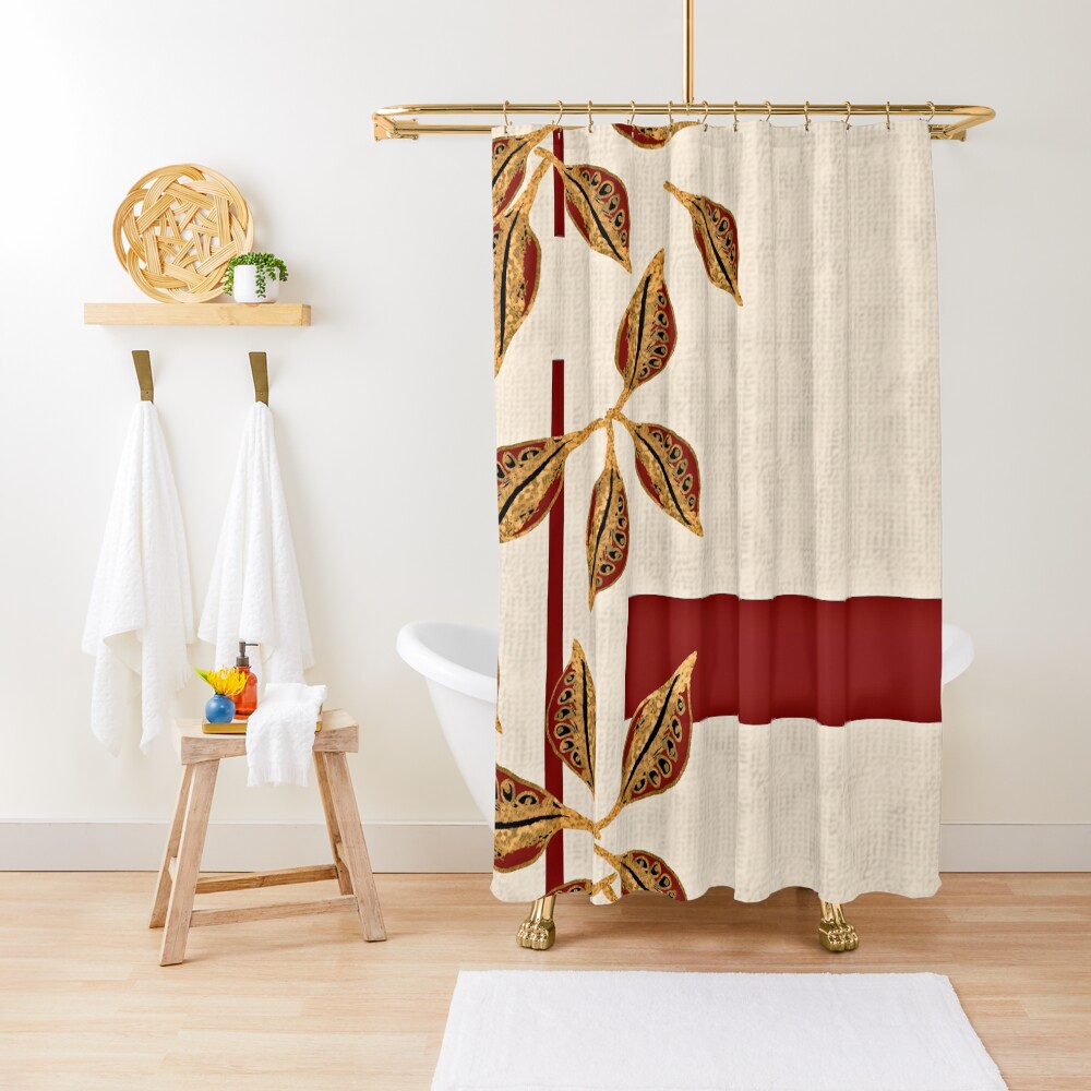 Minimal Red and Gold Neutral Seed Pods Leaves Nature Print Shower Curtain