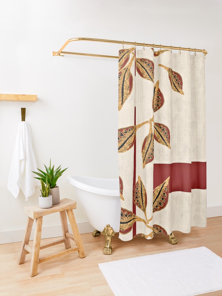 Alternate view of Minimal Red and Gold Neutral Seed Pods Leaves Nature Print Shower Curtain