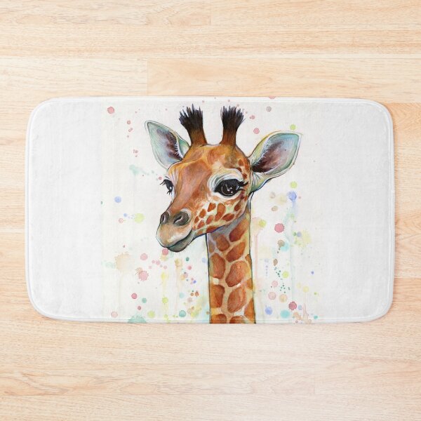Baby Giraffe Watercolor Painting, Nursery Art Bath Mat