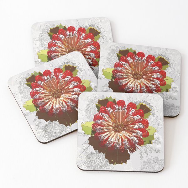 Digital Art Red Banksia Tozers Block Western Australia Coasters (Set of 4)