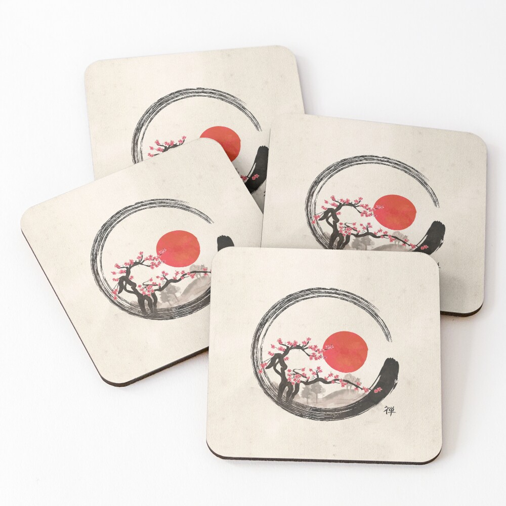 Zen Enso Circle and Sakura Tree Coasters (Set of 4)
