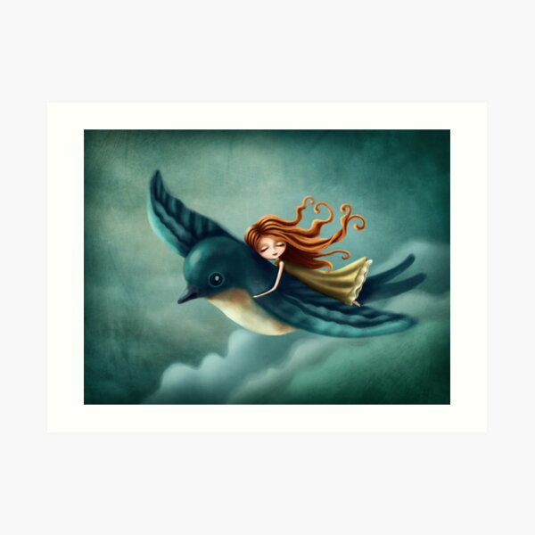 Thumbelina flying with a bird Kunstdruck